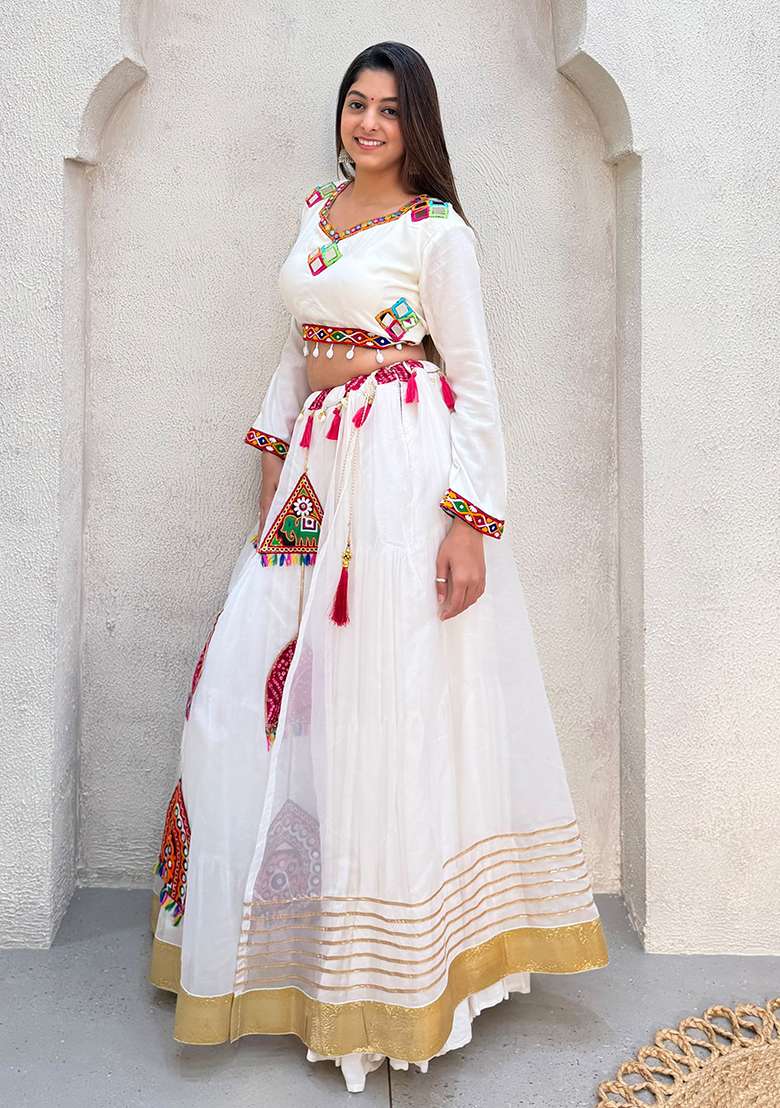 White Embroidery Rayon Lehenga Set for Diwali and Festive Wear - Indya