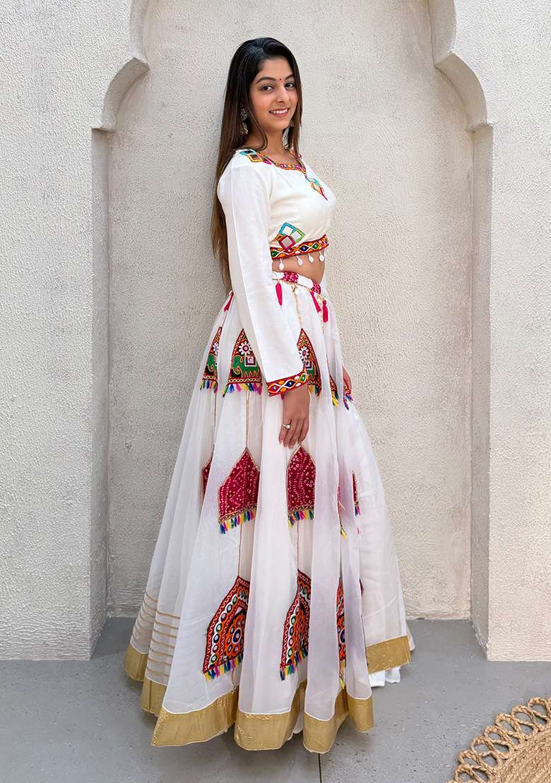 White Embroidery Rayon Lehenga Set for Diwali and Festive Wear - Indya