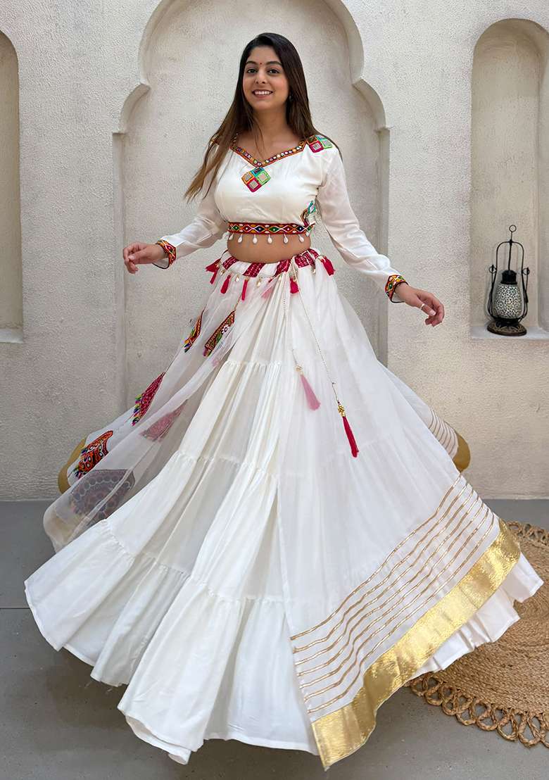 White Embroidery Rayon Lehenga Set for Diwali and Festive Wear - Indya