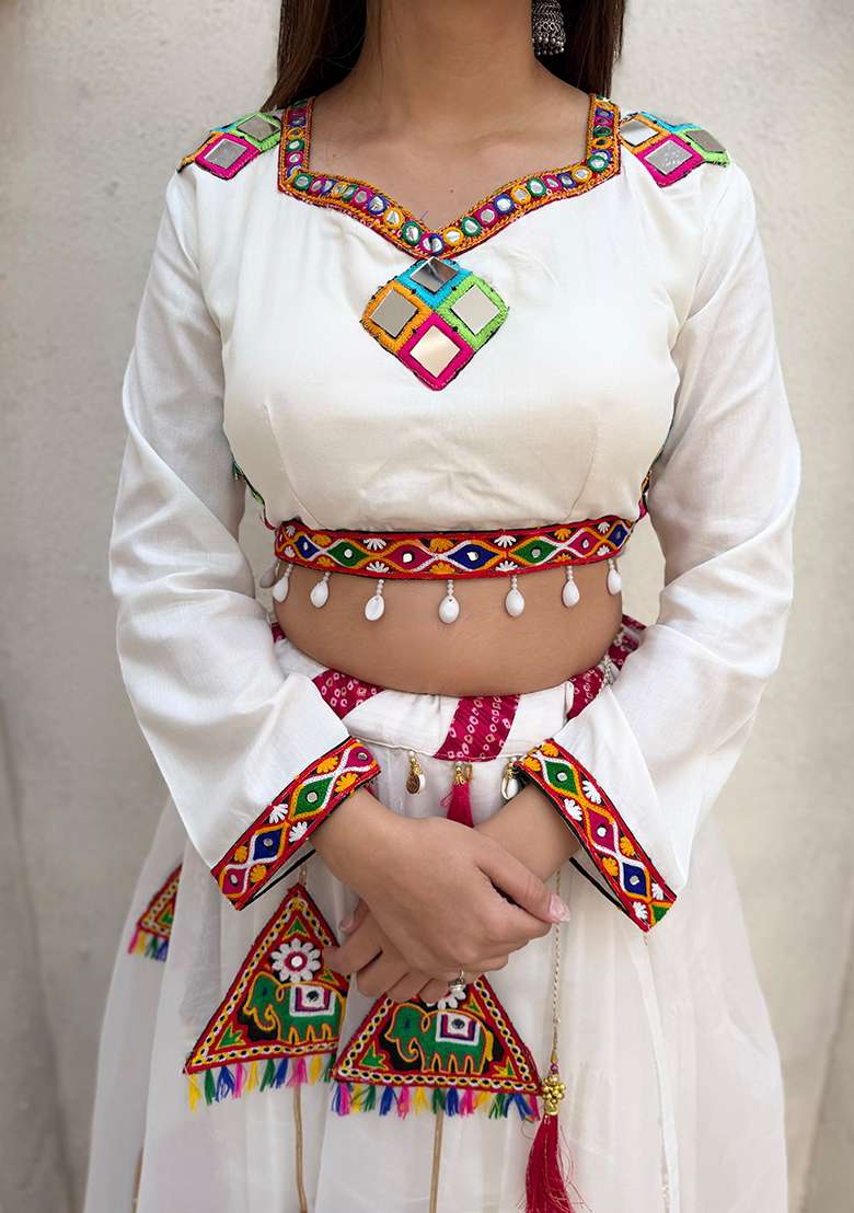 White Embroidery Rayon Lehenga Set for Diwali and Festive Wear - Indya