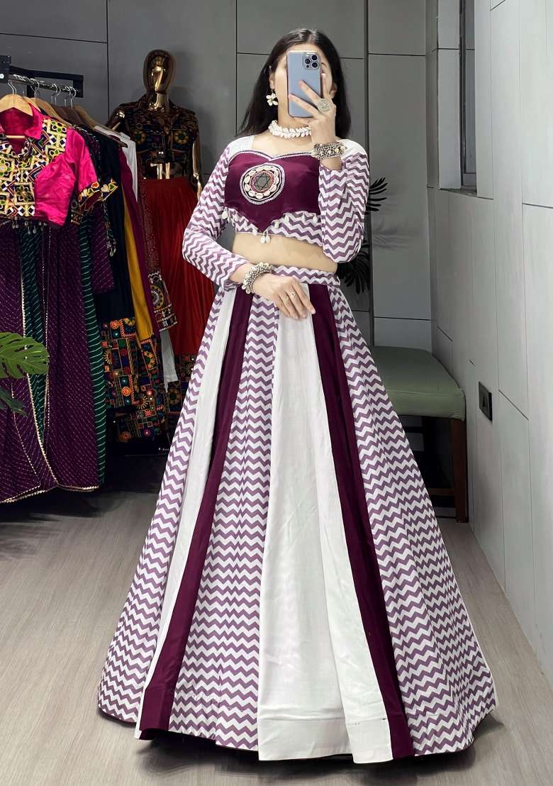 Wine Mirror Work Cotton Lehenga Set - Indya