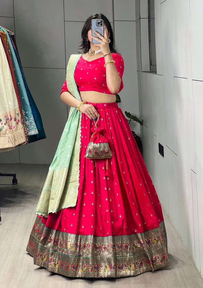 Pista Zari Work Silk Lehenga Set - Indya