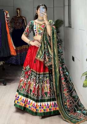 Red Printed Silk Lehenga Set