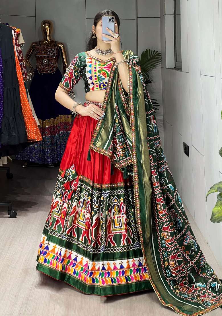 Red Printed Silk Lehenga Set - Indya