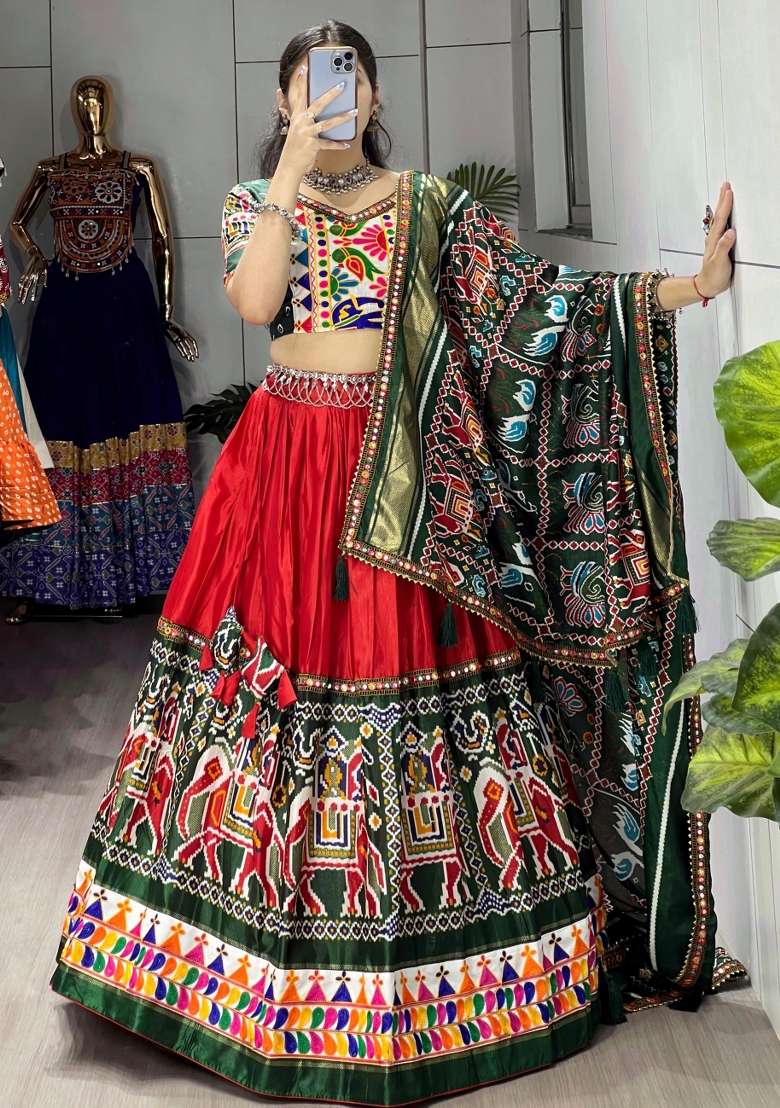 Red Printed Silk Lehenga Set - Indya