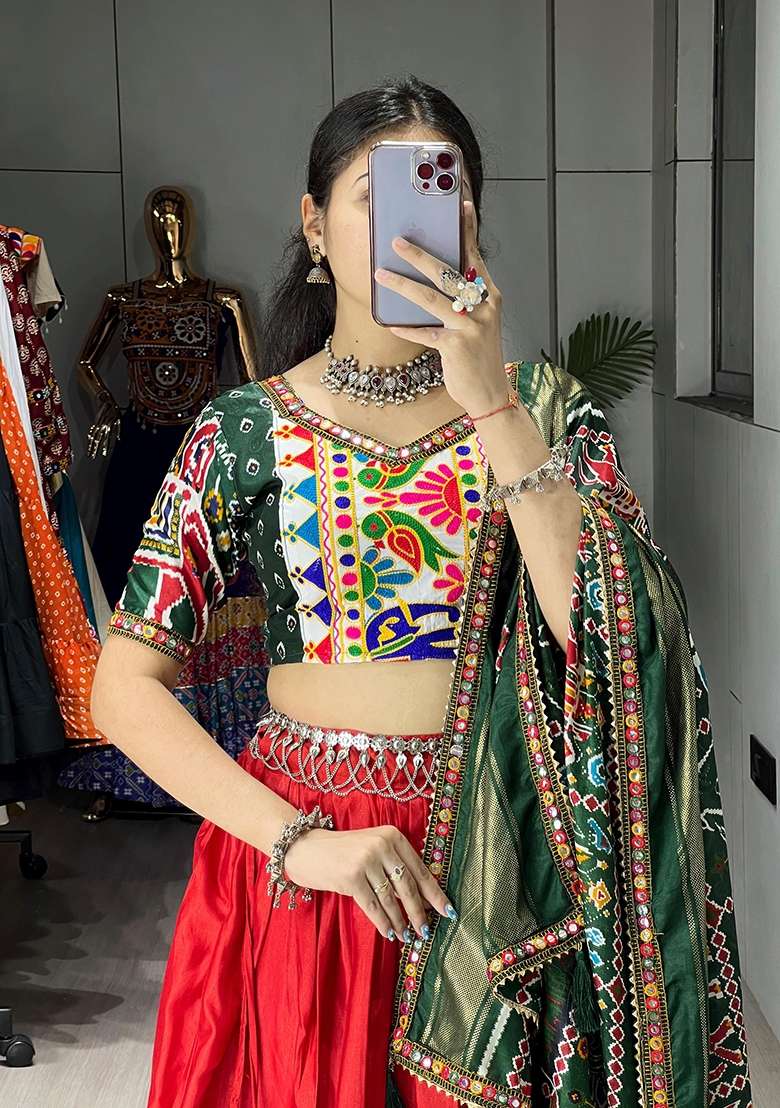 Red Printed Silk Lehenga Set - Indya