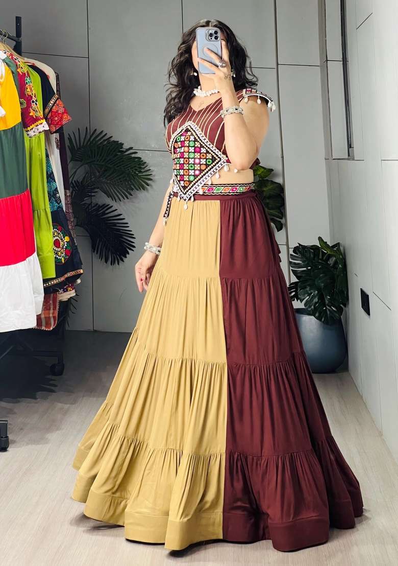Brown Mirror Work Cotton Lehenga Set - Indya