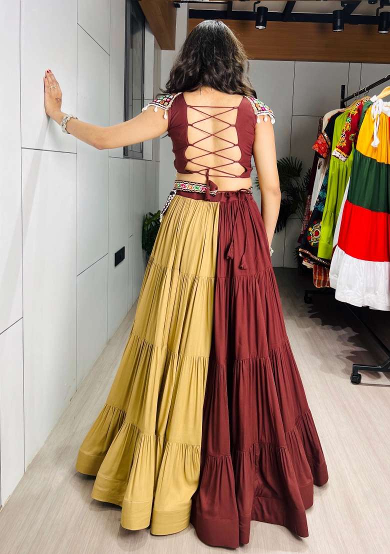 Brown Mirror Work Cotton Lehenga Set - Indya