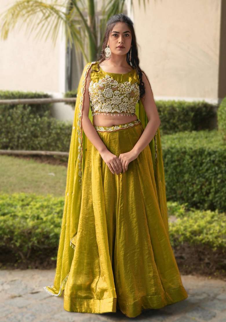 Yellow Sequin Work Fendi Lehenga Set - Indya