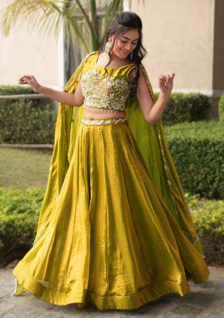 Yellow Sequin Work Fendi Lehenga Set - Indya