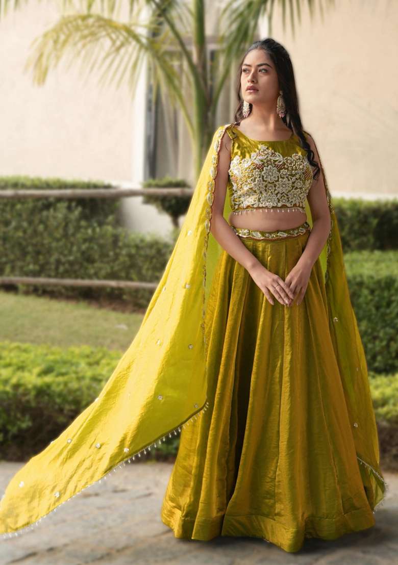 Yellow Sequin Work Fendi Lehenga Set - Indya