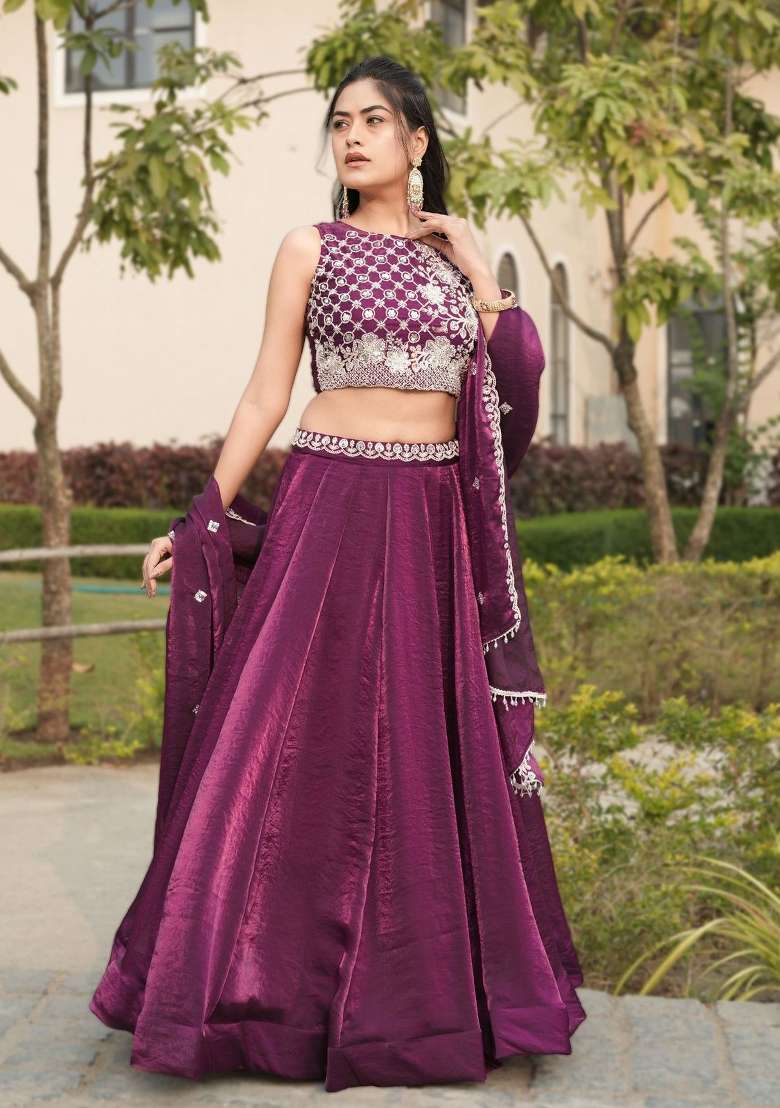Wine Sequin Work Fendi Lehenga Set - Indya