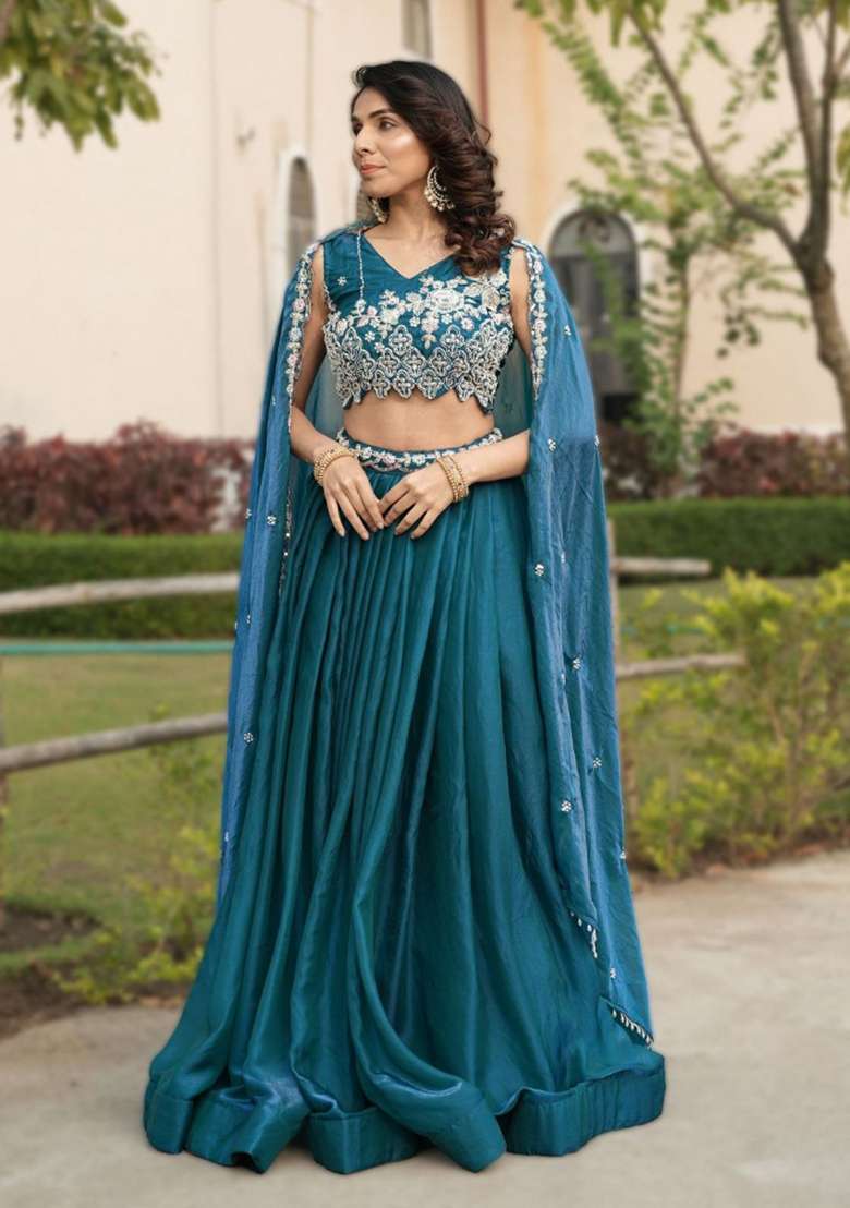 Blue Sequin Work Fendi Lehenga Set - Indya