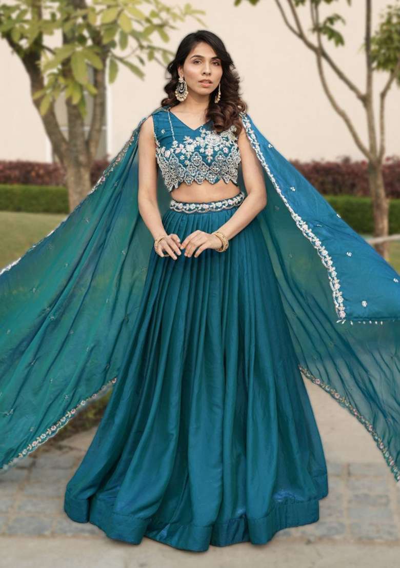 Blue Sequin Work Fendi Lehenga Set - Indya