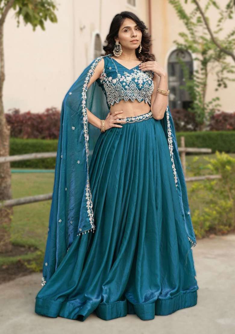 Blue Sequin Work Fendi Lehenga Set - Indya