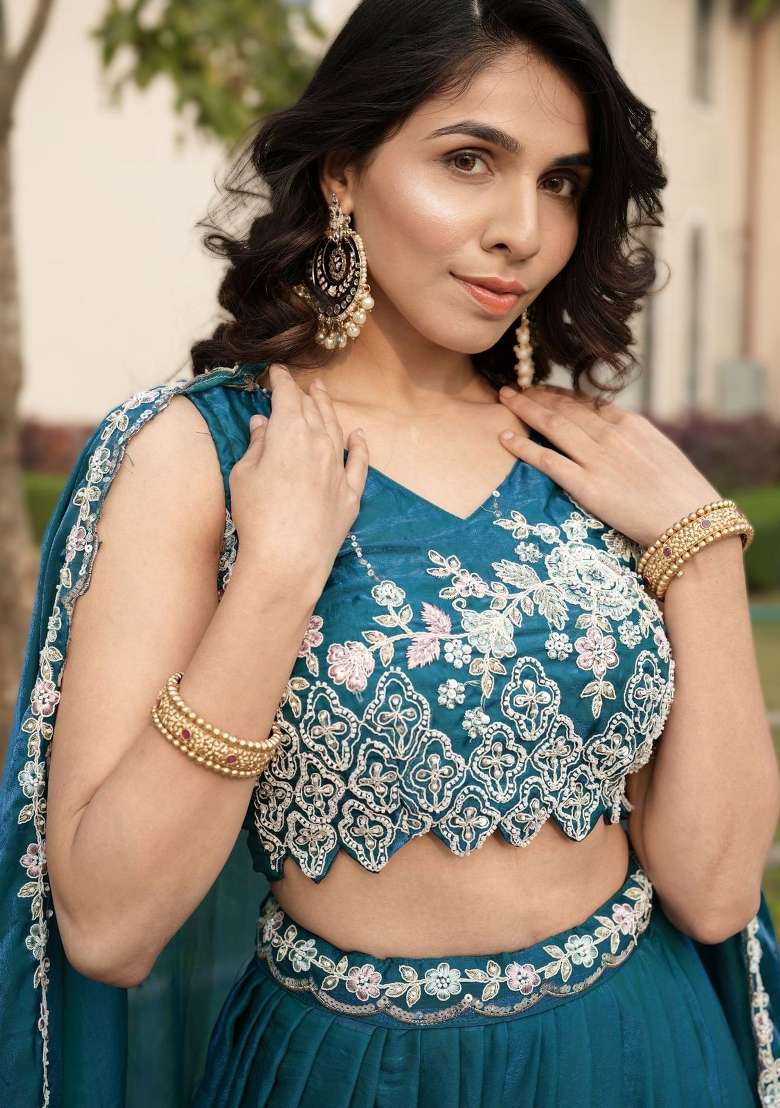Blue Sequin Work Fendi Lehenga Set - Indya