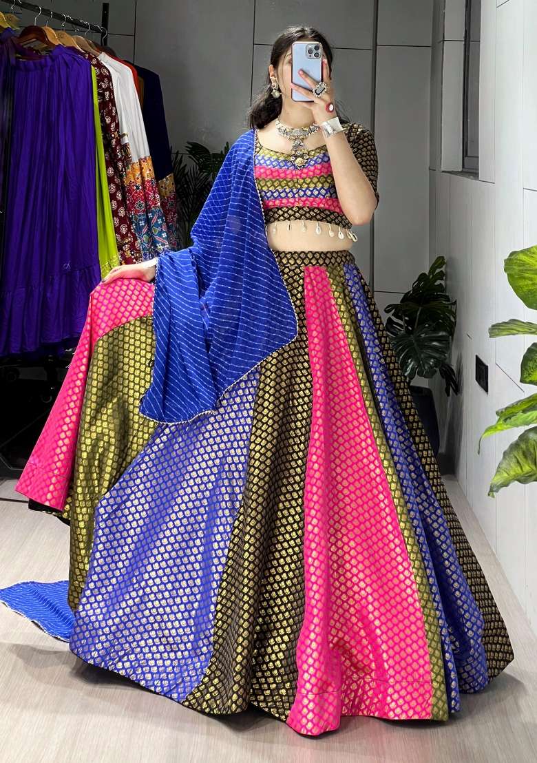 Blue Kaudi Work Silk Lehenga Set - Indya