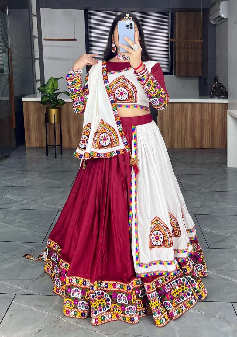 Maroon Mirror Work Cotton Lehenga Set - Indya