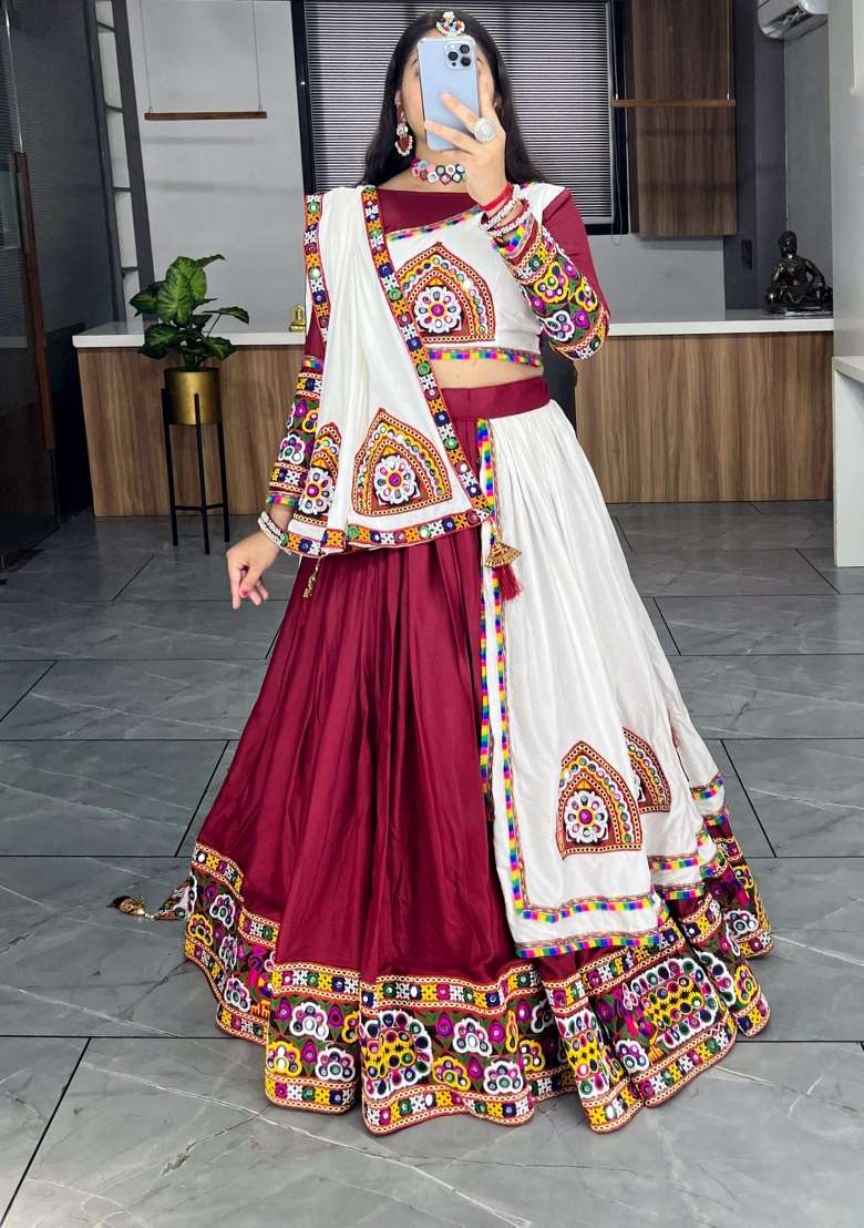 Maroon Mirror Work Cotton Lehenga Set - Indya