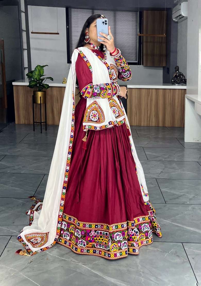 Maroon Mirror Work Cotton Lehenga Set - Indya
