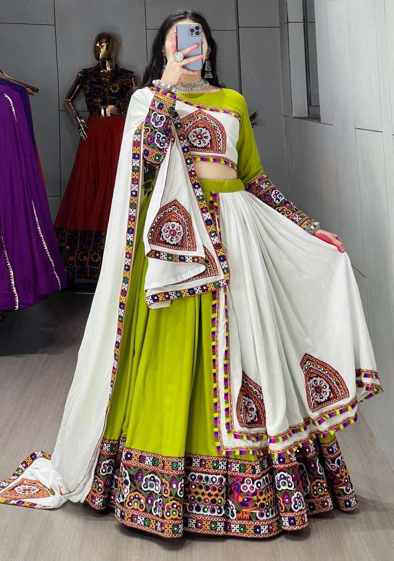 Parrot Mirror Work Cotton Lehenga Set - Indya