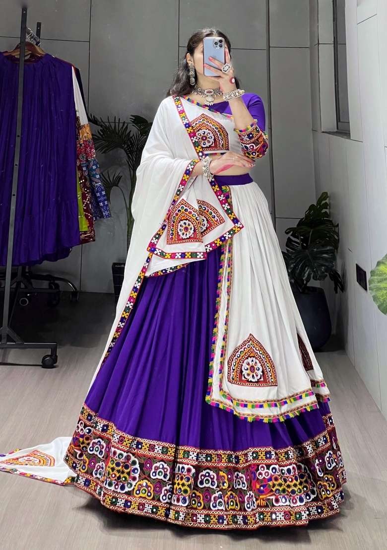 Purple Mirror Work Cotton Lehenga Set - Indya