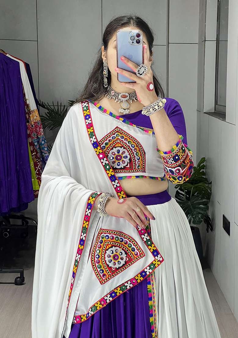 Purple Mirror Work Cotton Lehenga Set - Indya