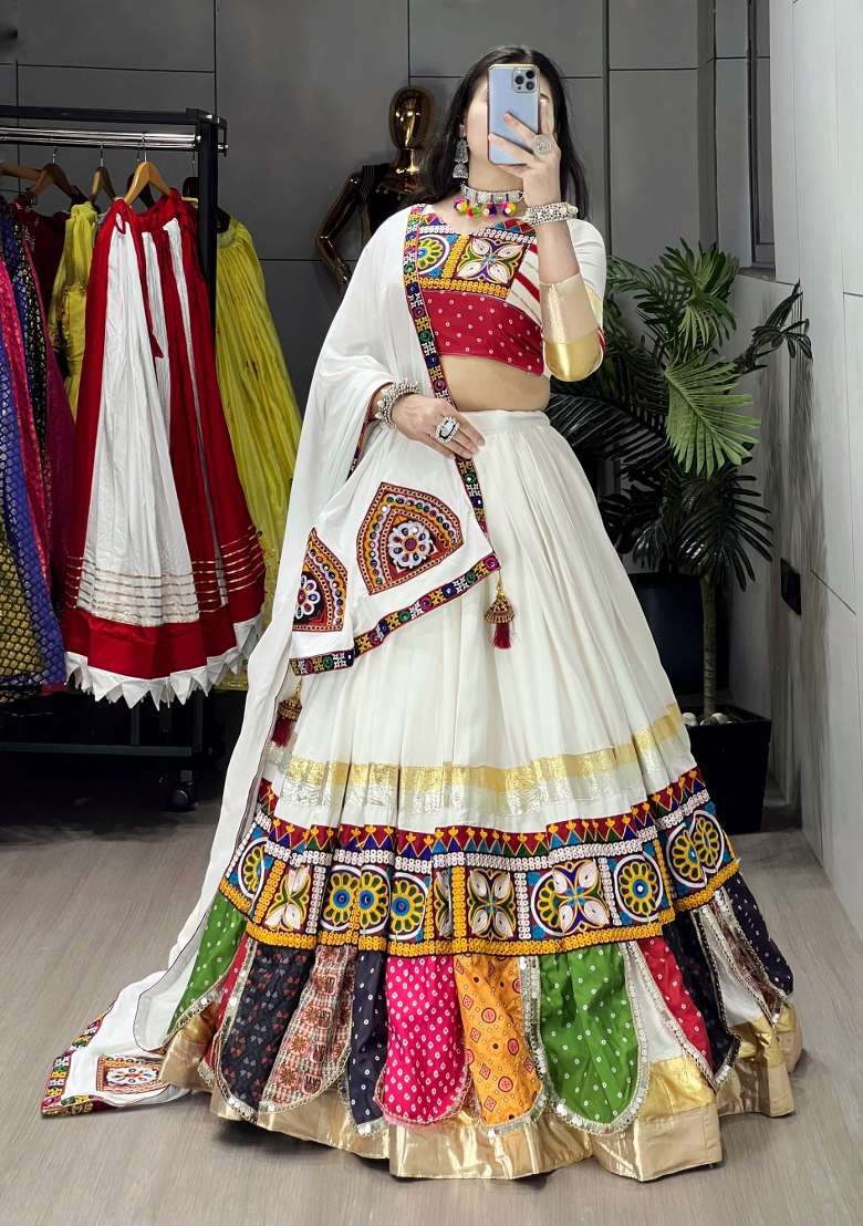 White Lace Work Cotton Lehenga Set - Indya