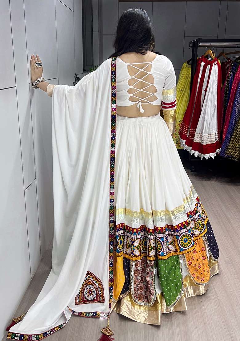 White Lace Work Cotton Lehenga Set - Indya
