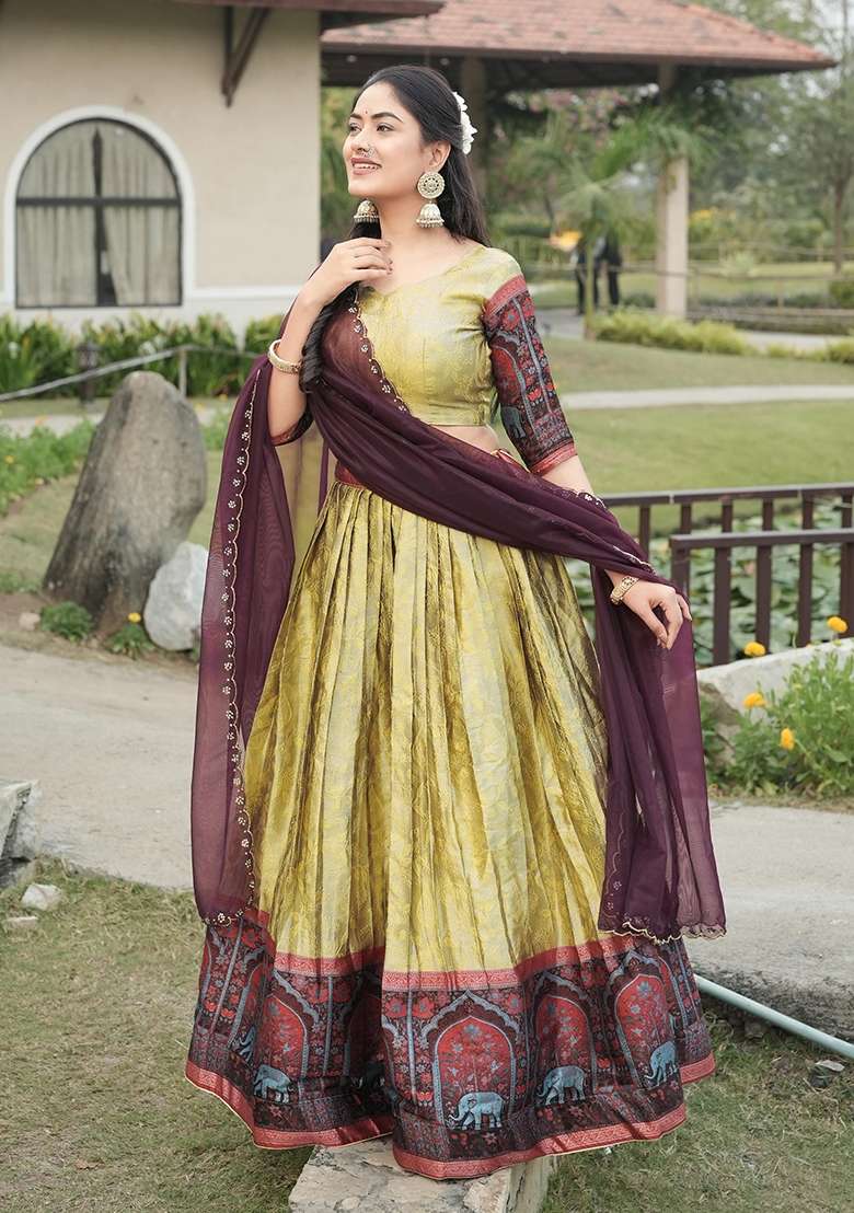 Cream Zari Work Silk Lehenga Set - Indya