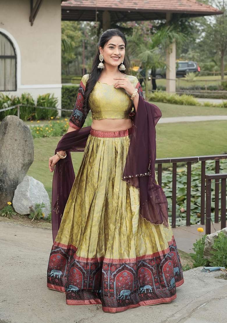 Cream Zari Work Silk Lehenga Set - Indya