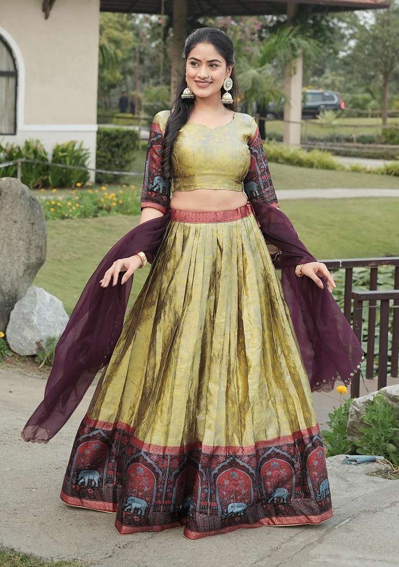 Cream Zari Work Silk Lehenga Set - Indya