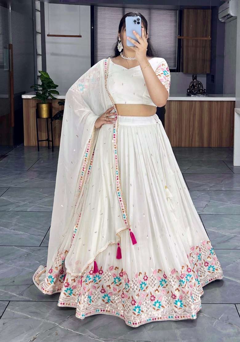 Off White Embroidery Georgette Lehenga Set - Indya