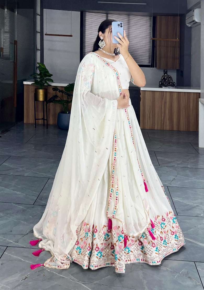 Off White Embroidery Georgette Lehenga Set - Indya