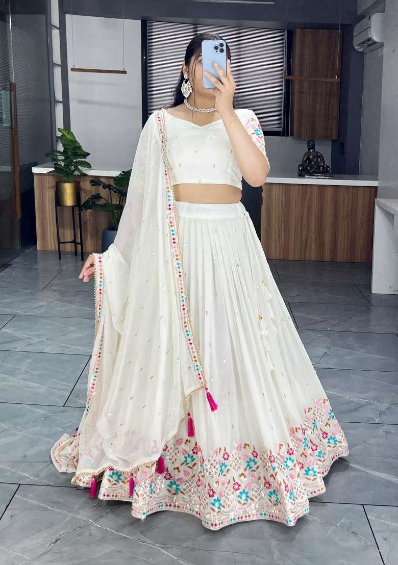 Off White Embroidery Georgette Lehenga Set - Indya