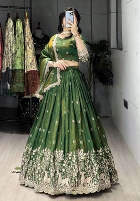 Olive Embroidery Vichitra Lehenga Set