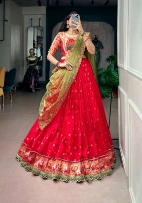 Red Lace Work Silk Lehenga Set