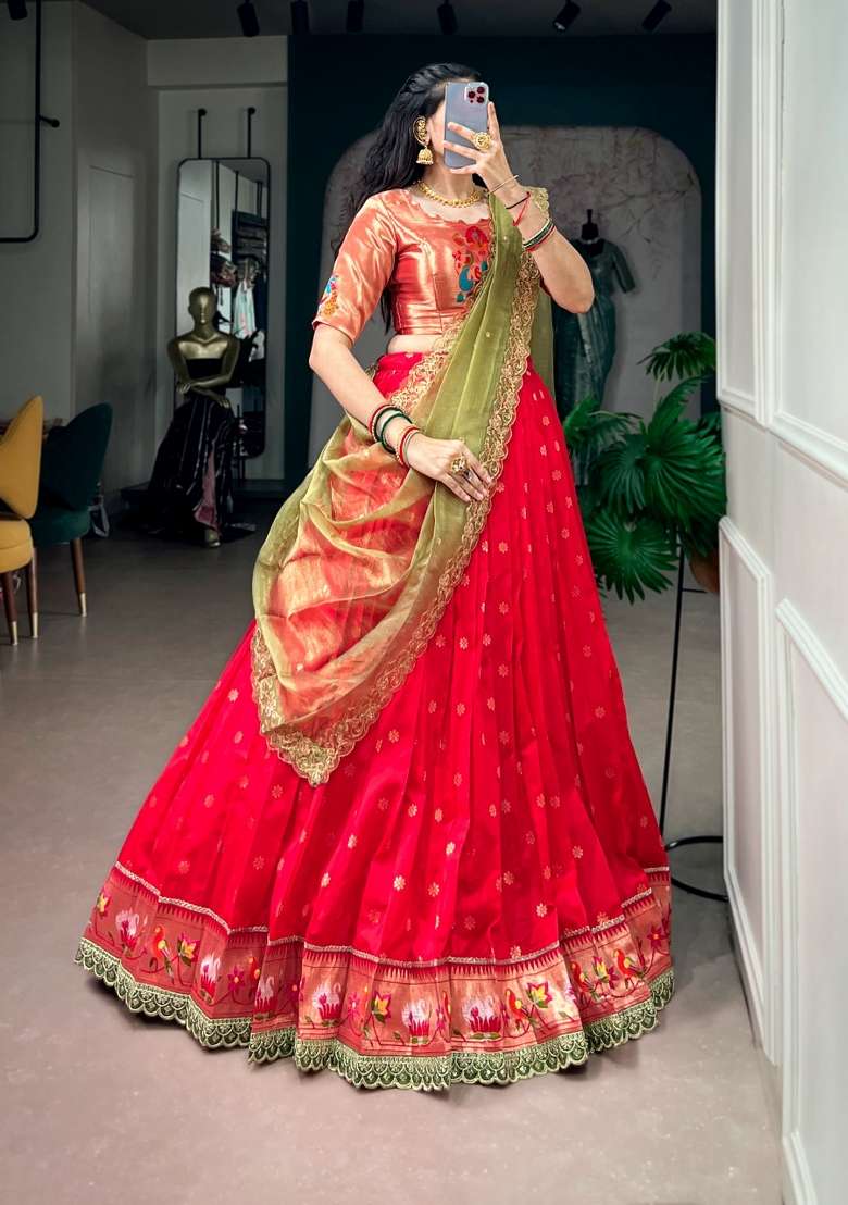 Red Lace Work Silk Lehenga Set - Indya