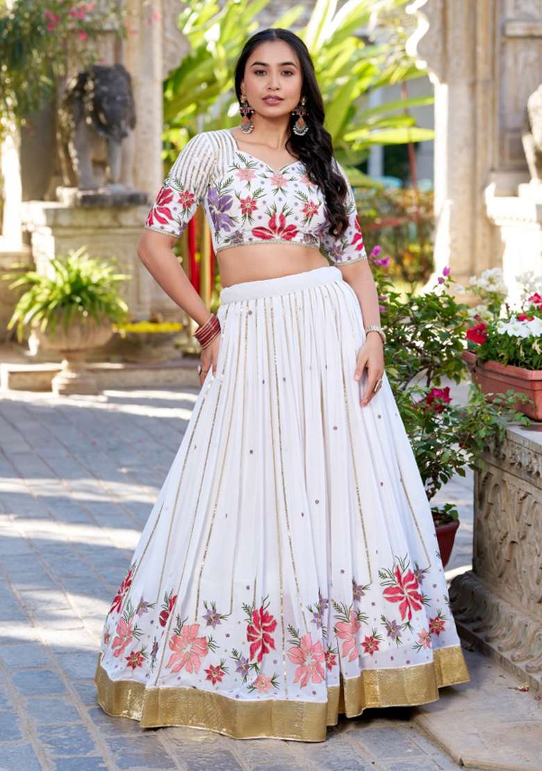 White Embroidery Georgette Lehenga Set - Indya