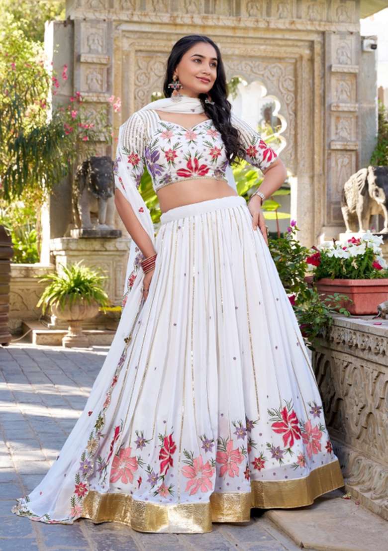 White Embroidery Georgette Lehenga Set - Indya