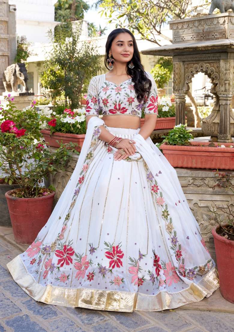 White Embroidery Georgette Lehenga Set - Indya
