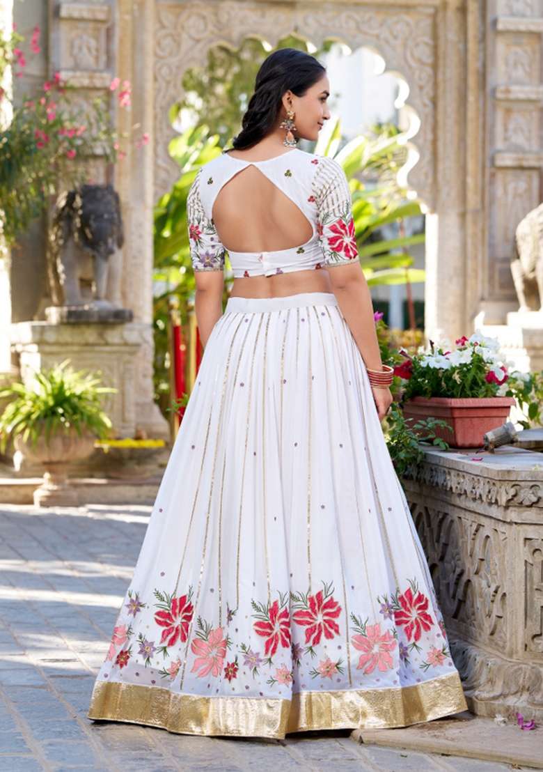 White Embroidery Georgette Lehenga Set - Indya