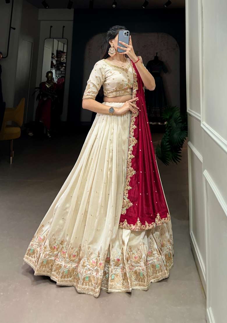 Off White Embroidery Silk Lehenga Set - Indya