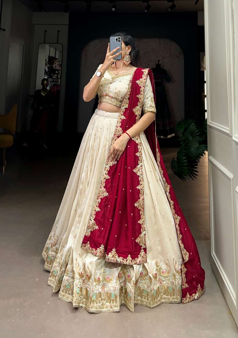 Off White Embroidery Silk Lehenga Set - Indya