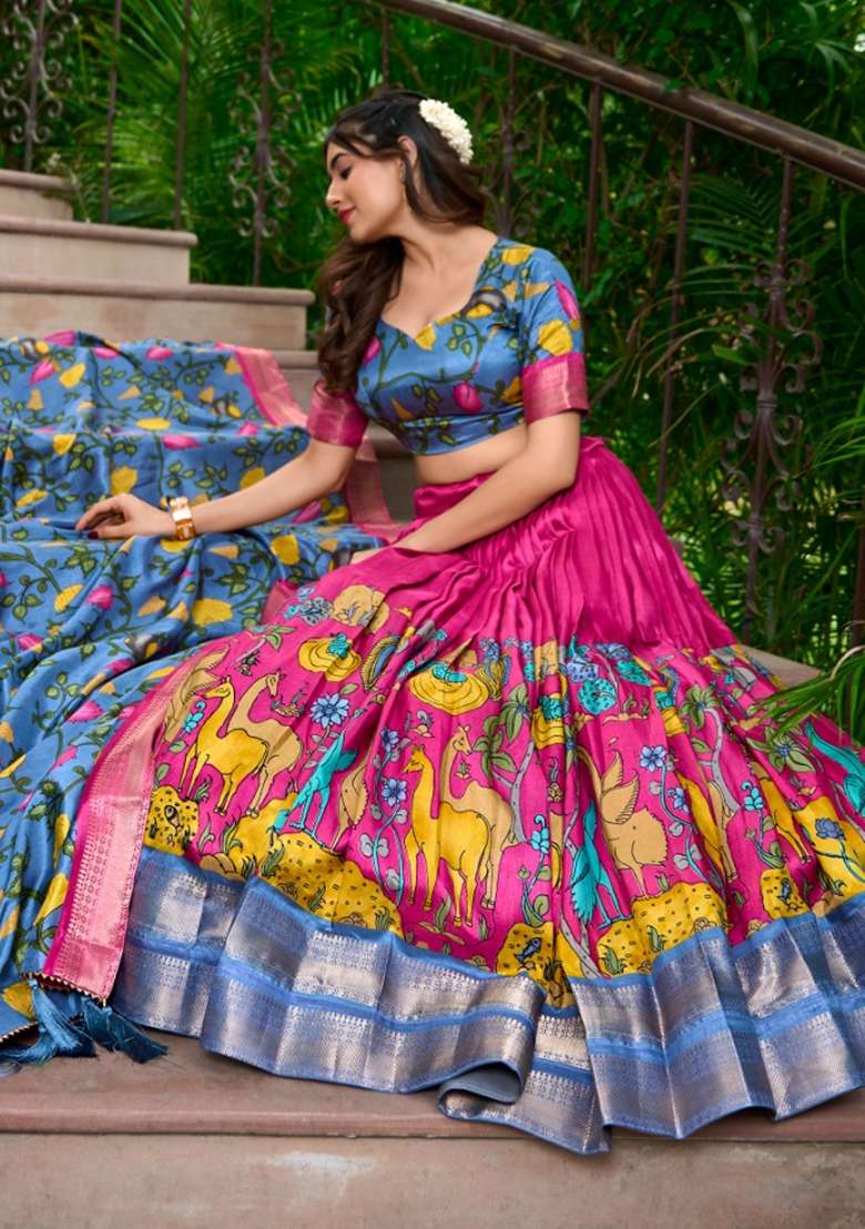 Blue Printed Silk Lehenga Set - Indya