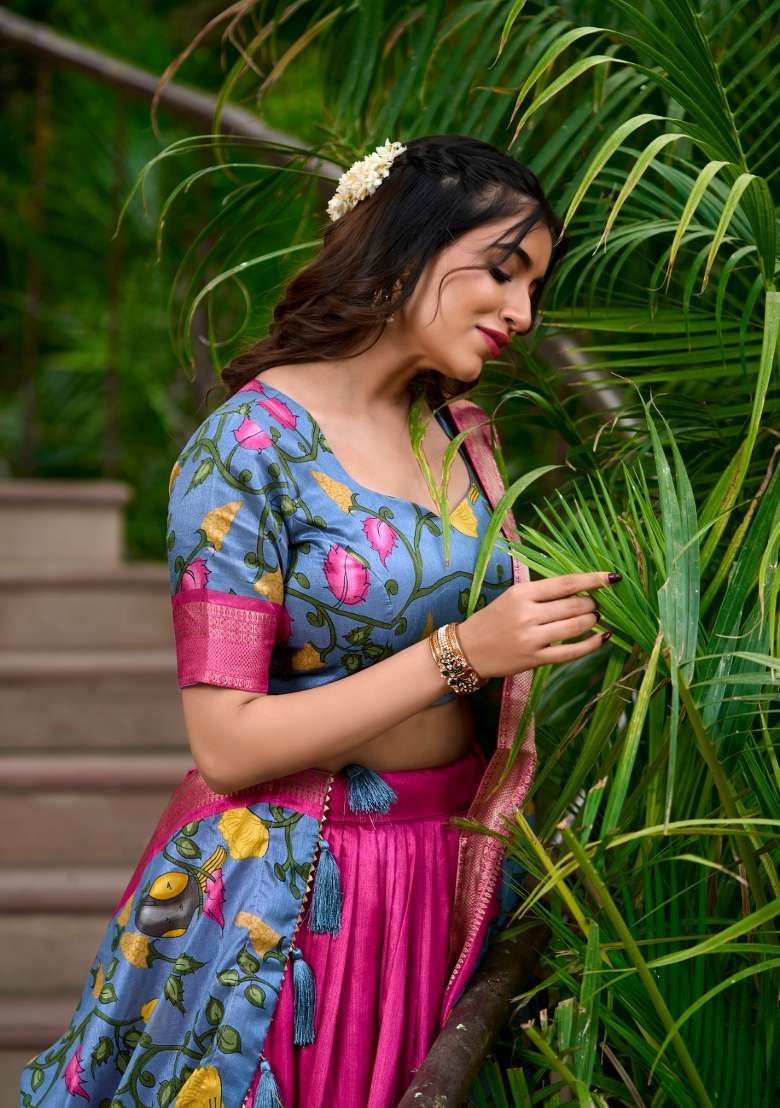 Blue Printed Silk Lehenga Set - Indya