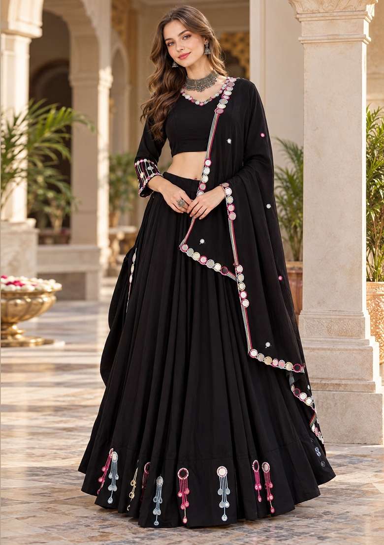 Black Embroidery Silk Lehenga Set - Indya