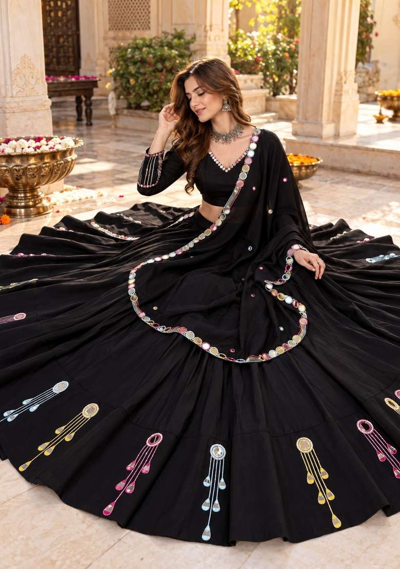 Black Embroidery Silk Lehenga Set - Indya