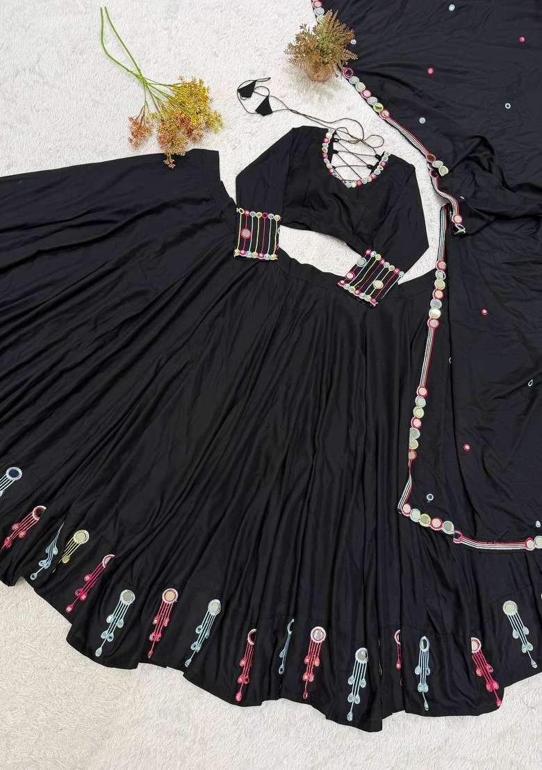 Black Embroidery Silk Lehenga Set - Indya
