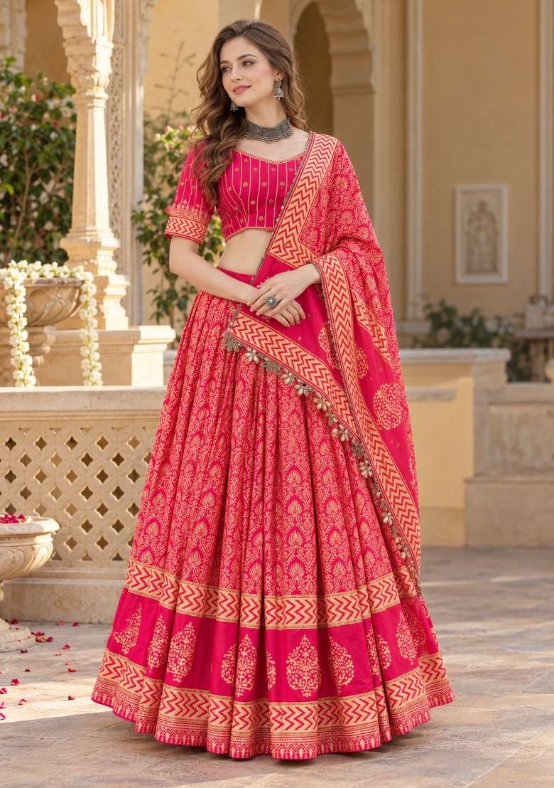 Rani Pink Embroidery Silk Lehenga Set - Indya